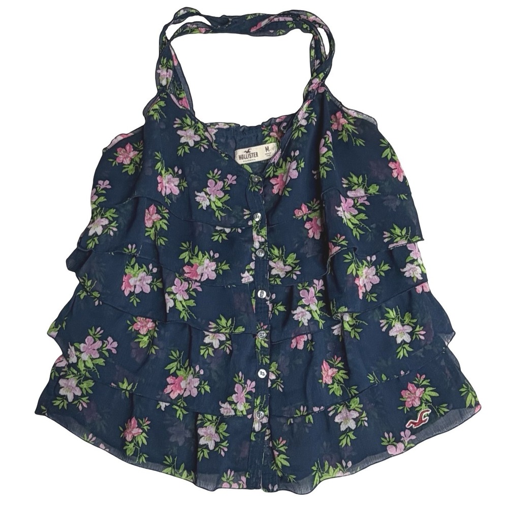Hollister Floral Ruffle Tiered Chiffon Button Front Navy Blue Womens Medium